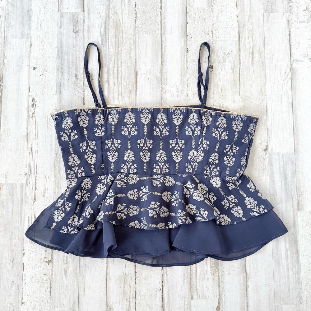 Ridhi Mehra x Indya Navy Blue Peplum Cami Top Metallic Floral Women's M NWT - Picture 6 of 16